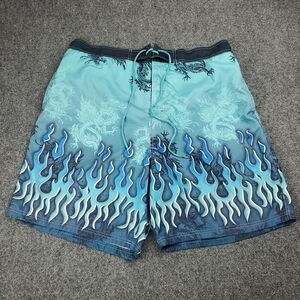 Vintage Y2K Wilson Swim Trunks Mens XL Mesh Lined Dragon Flames Blue Baggy 2000s